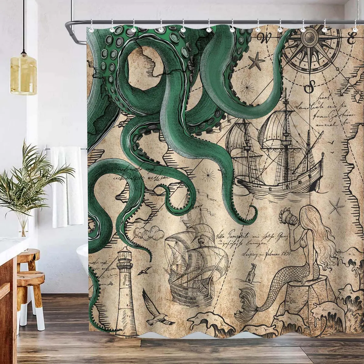 Fungarth Vintage Green Nautical Octopus Shower Curtain 72" x 72" | Waterproof Fabric with Metal Grommets - view 2