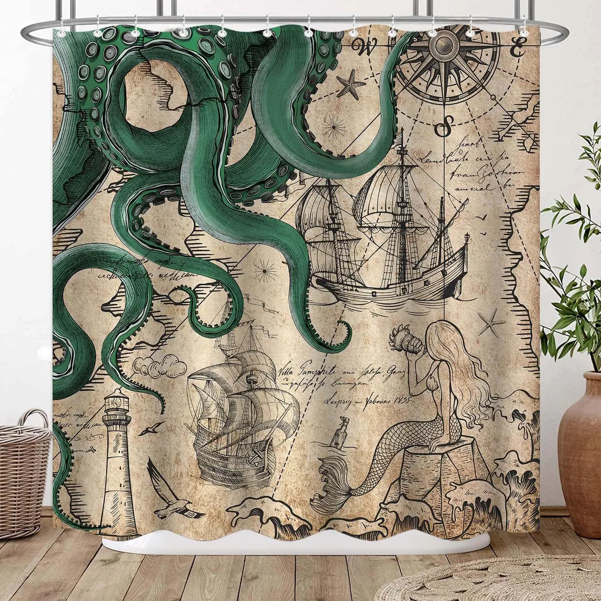 Fungarth Vintage Green Nautical Octopus Shower Curtain 72" x 72" | Waterproof Fabric with Metal Grommets - view 3