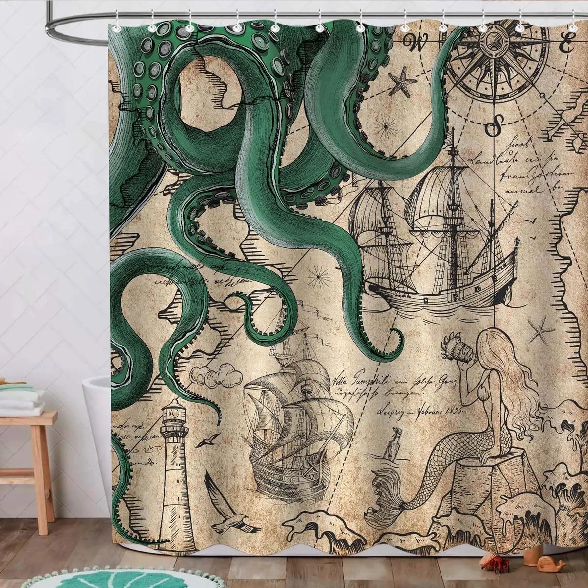 Fungarth Vintage Green Nautical Octopus Shower Curtain 72" x 72" | Waterproof Fabric with Metal Grommets - view 4