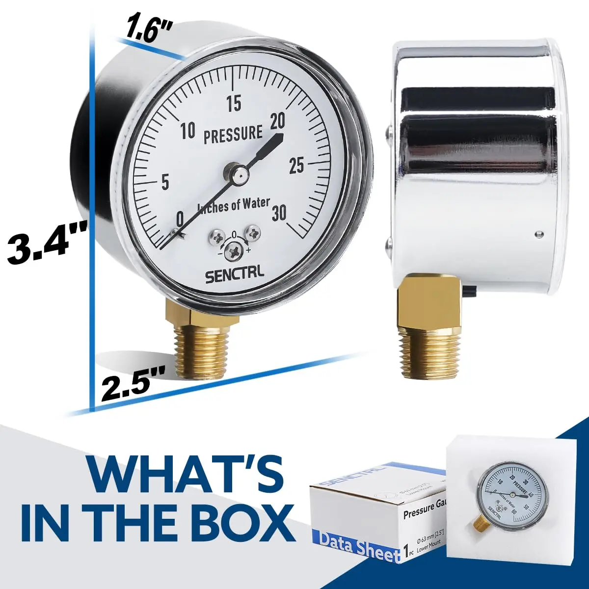 senctrl 0-30 inH2O Low Pressure Capsule Gauge, 2-1/2" Dial, 1/4" NPT Lower Mount, Zero Adjustment | Durable Chrome Steel - view 5