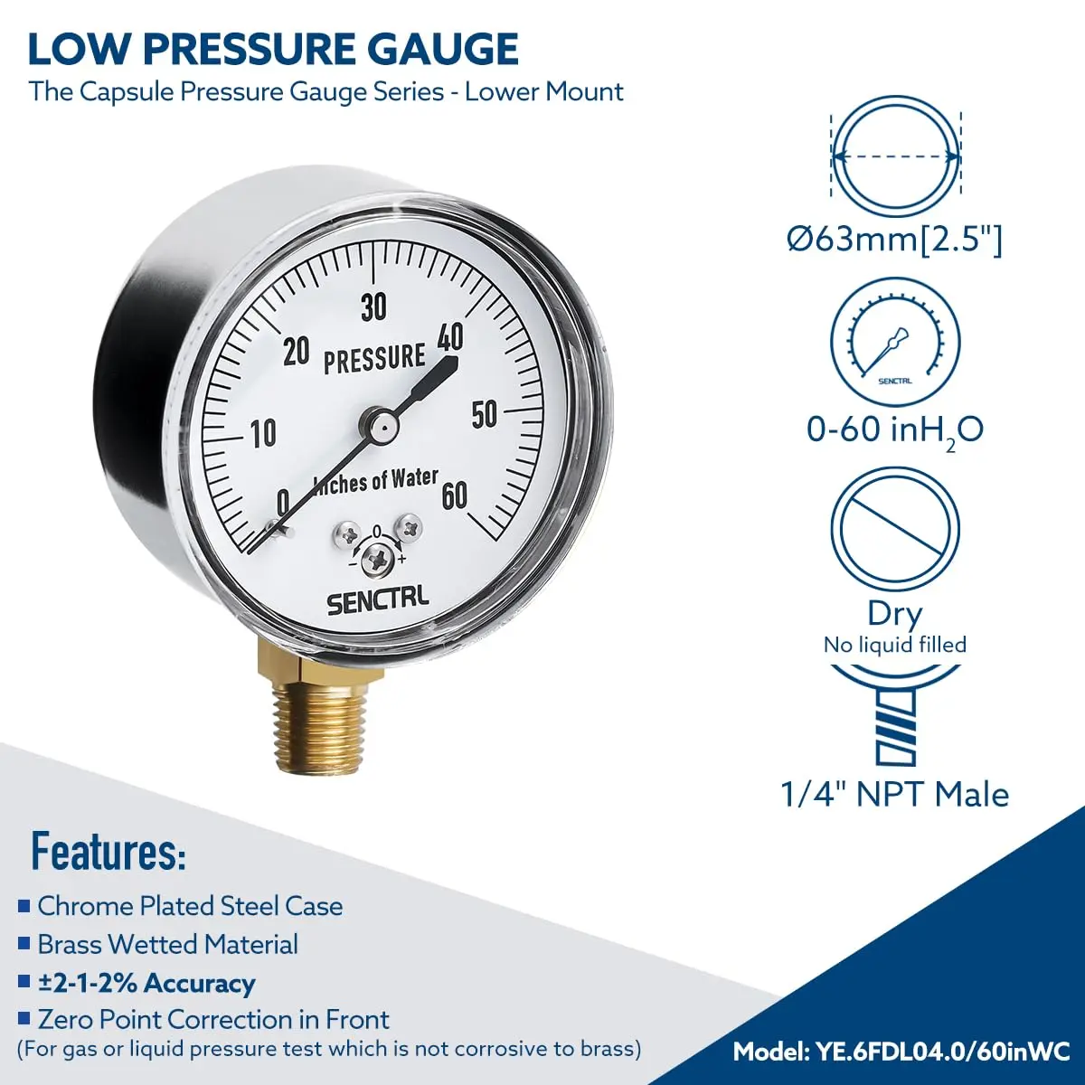 senctrl 0-60 Inches of Water Column Gauge, 1/4" NPT Lower Mount | Low Pressure Capsule Gauge with Chrome Steel Durability - view 2