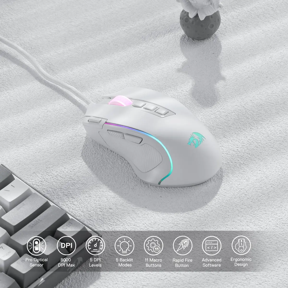 Redragon M612 Predator RGB Wired Gaming Mouse 8000 DPI (White) | 11 Programmable Buttons - view 2