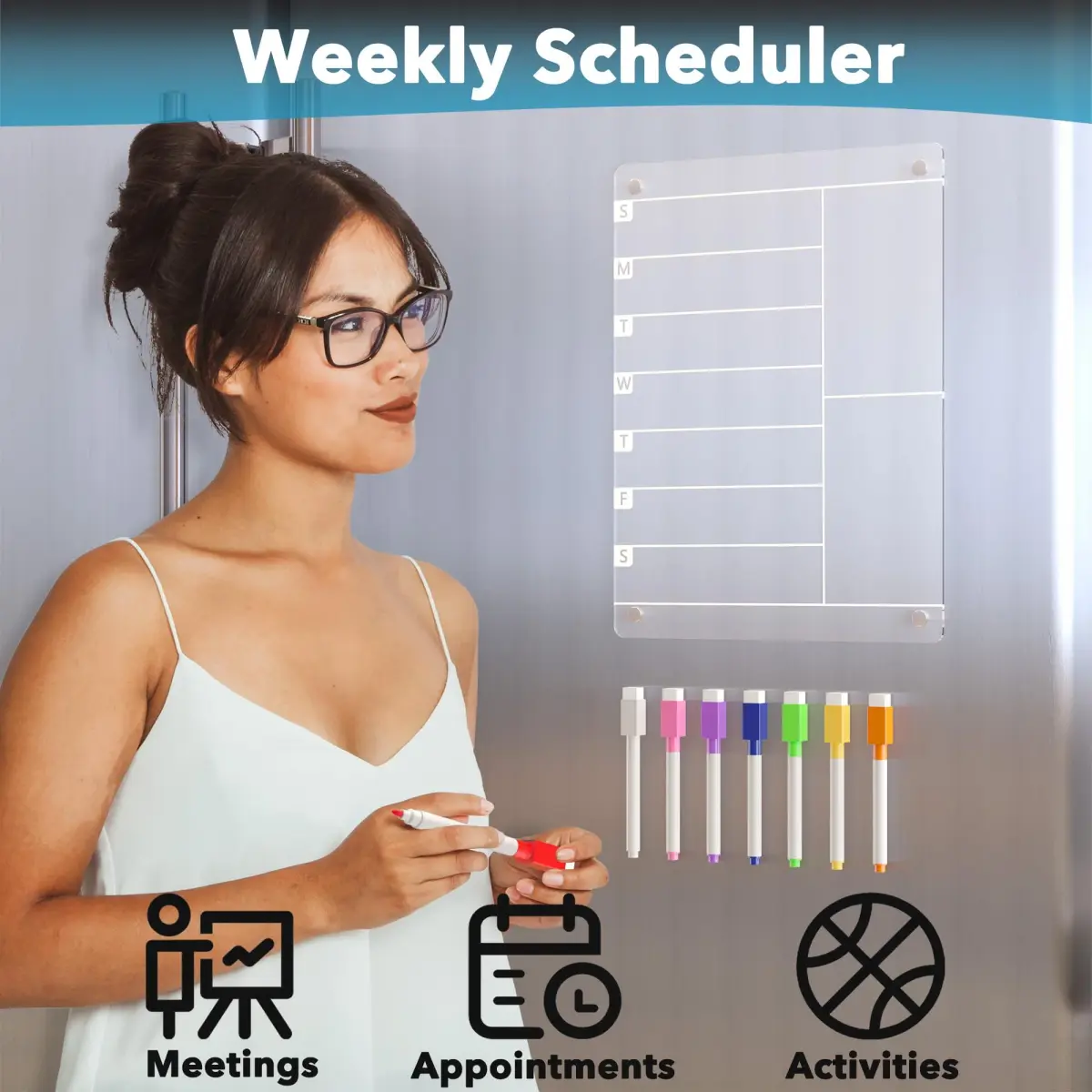 Neatsure Acrylic Magnetic Meal Planner & Menu Board 12"x9" | Clear Refrigerator Weekly Dry Erase Calendar with 8 Markers - view 4