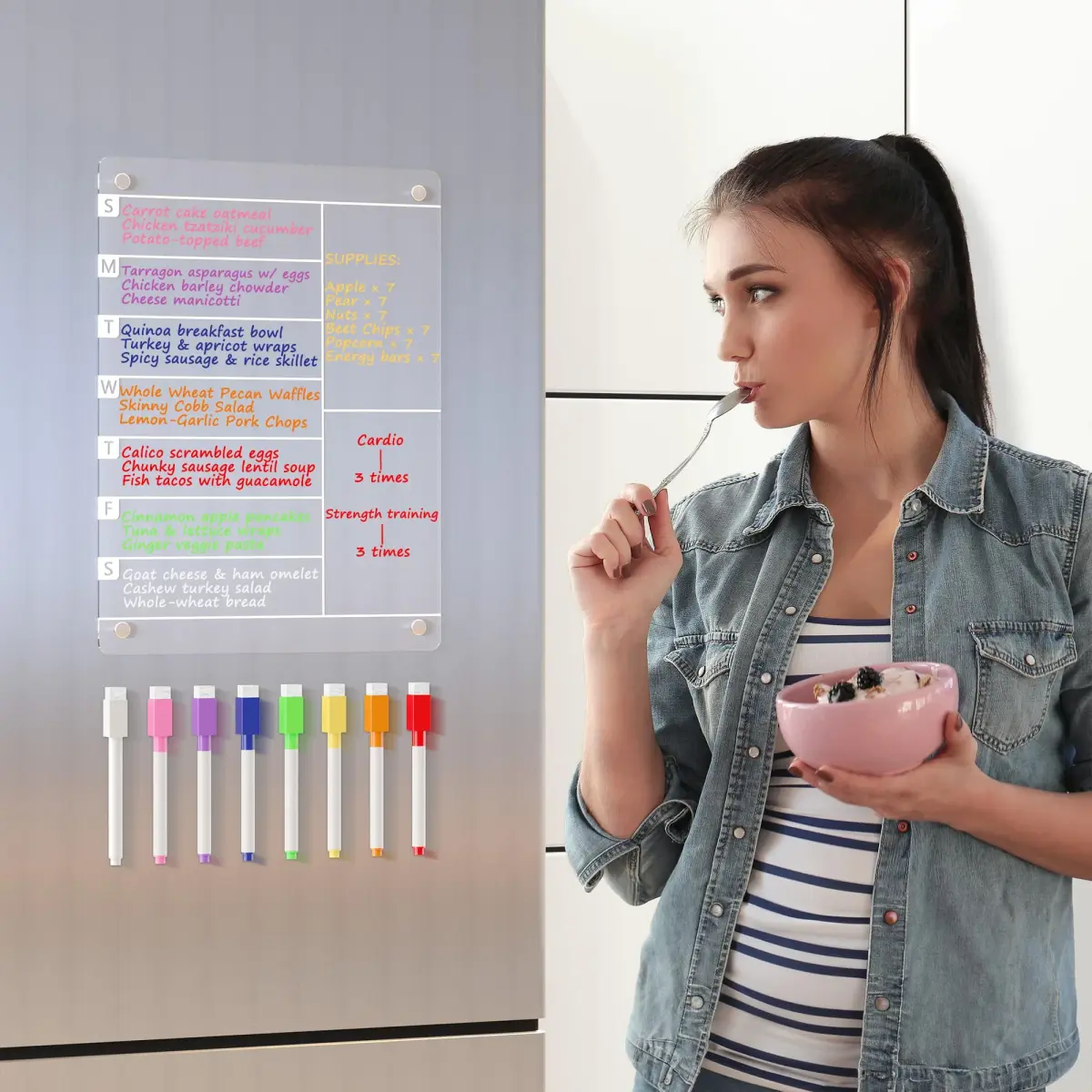 Neatsure Acrylic Magnetic Meal Planner & Menu Board 12"x9" | Clear Refrigerator Weekly Dry Erase Calendar with 8 Markers - view 2