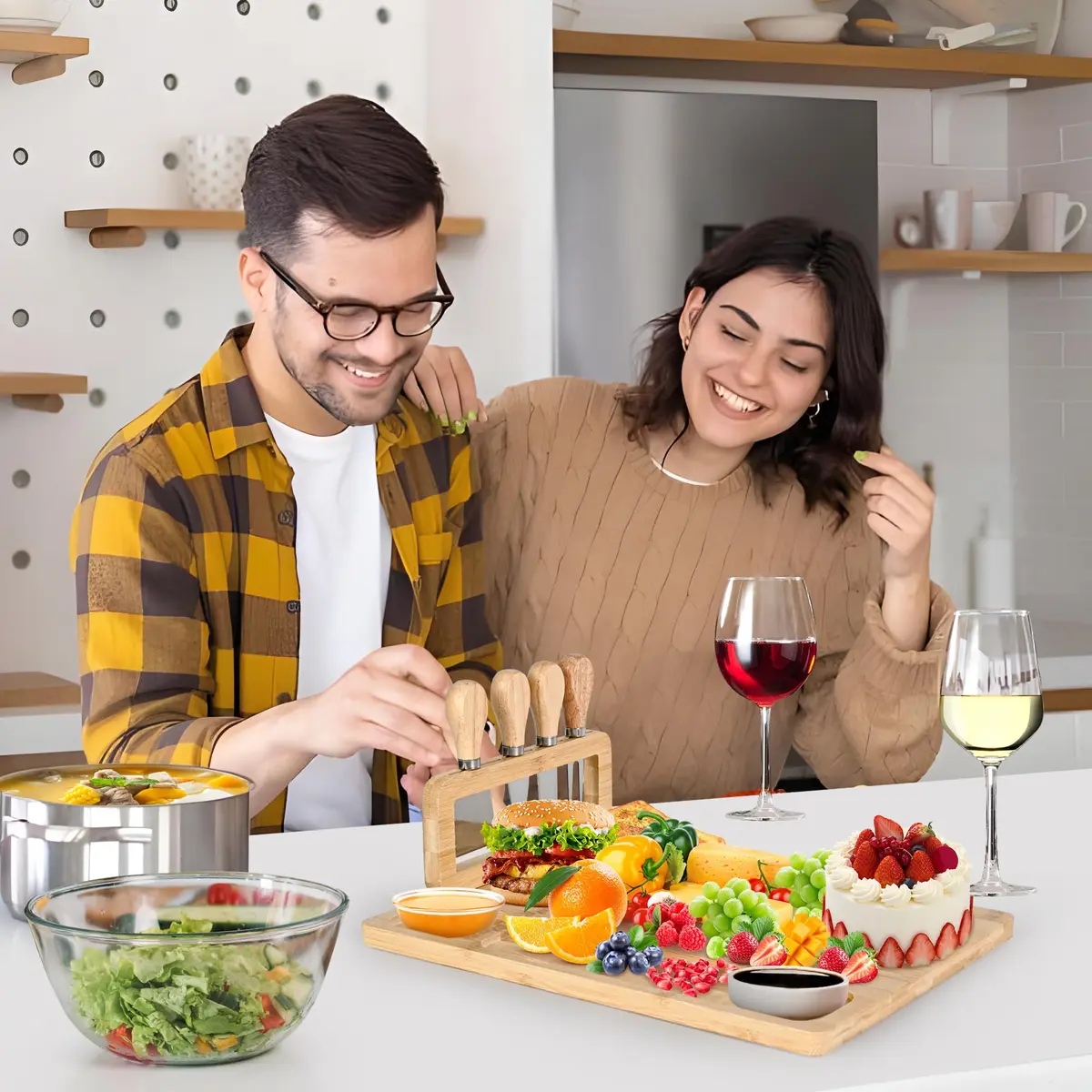 Lexda Bamboo Cheese Board and Knife Set | Large Charcuterie Platter with 4 Knives (13.8" x 11") - view 5