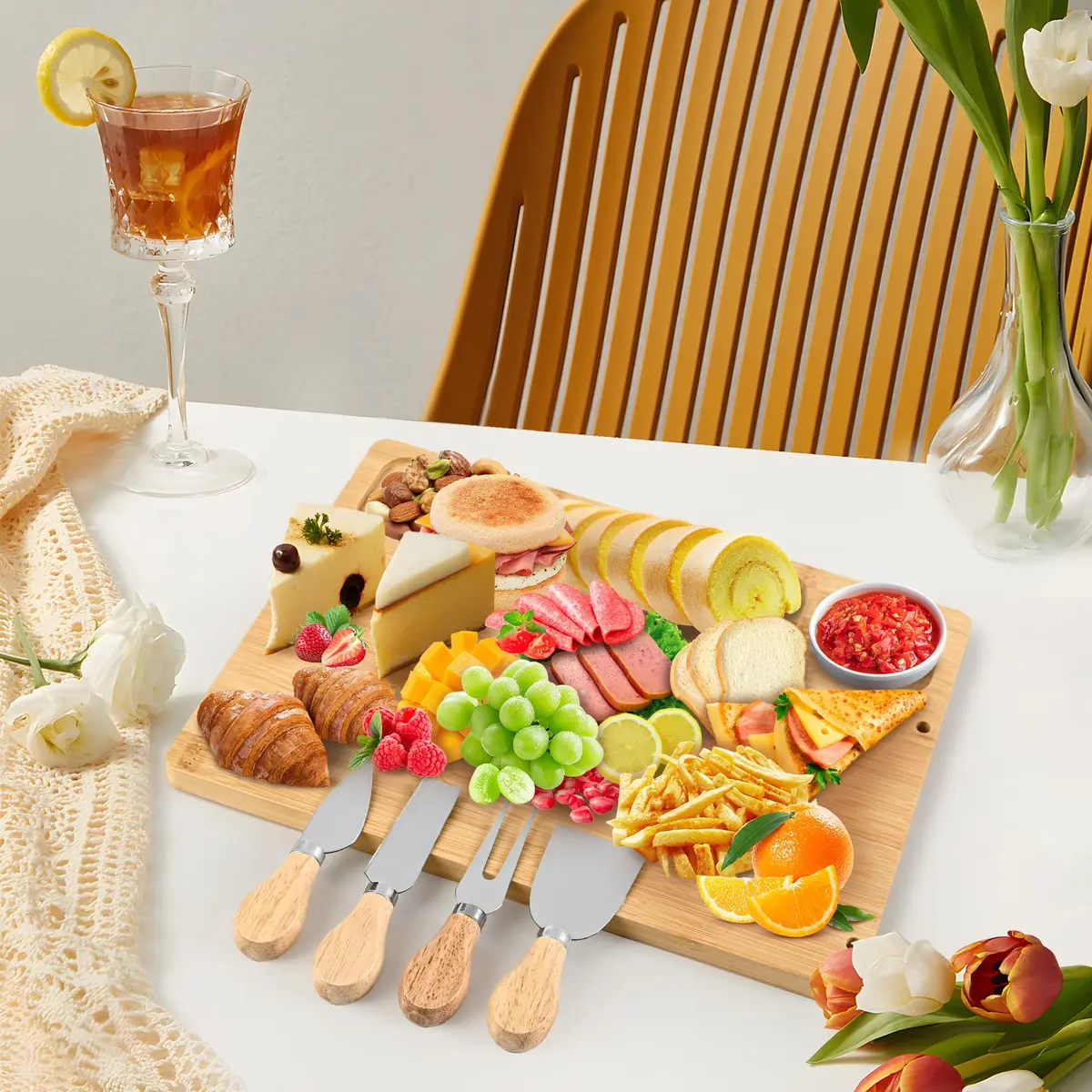 Lexda Bamboo Cheese Board and Knife Set | Large Charcuterie Platter with 4 Knives (13.8" x 11") - view 7