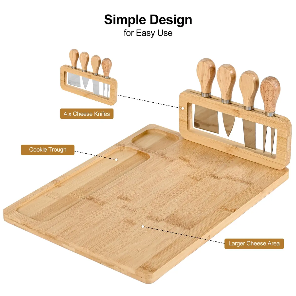 Lexda Bamboo Cheese Board and Knife Set | Large Charcuterie Platter with 4 Knives (13.8" x 11") - view 4