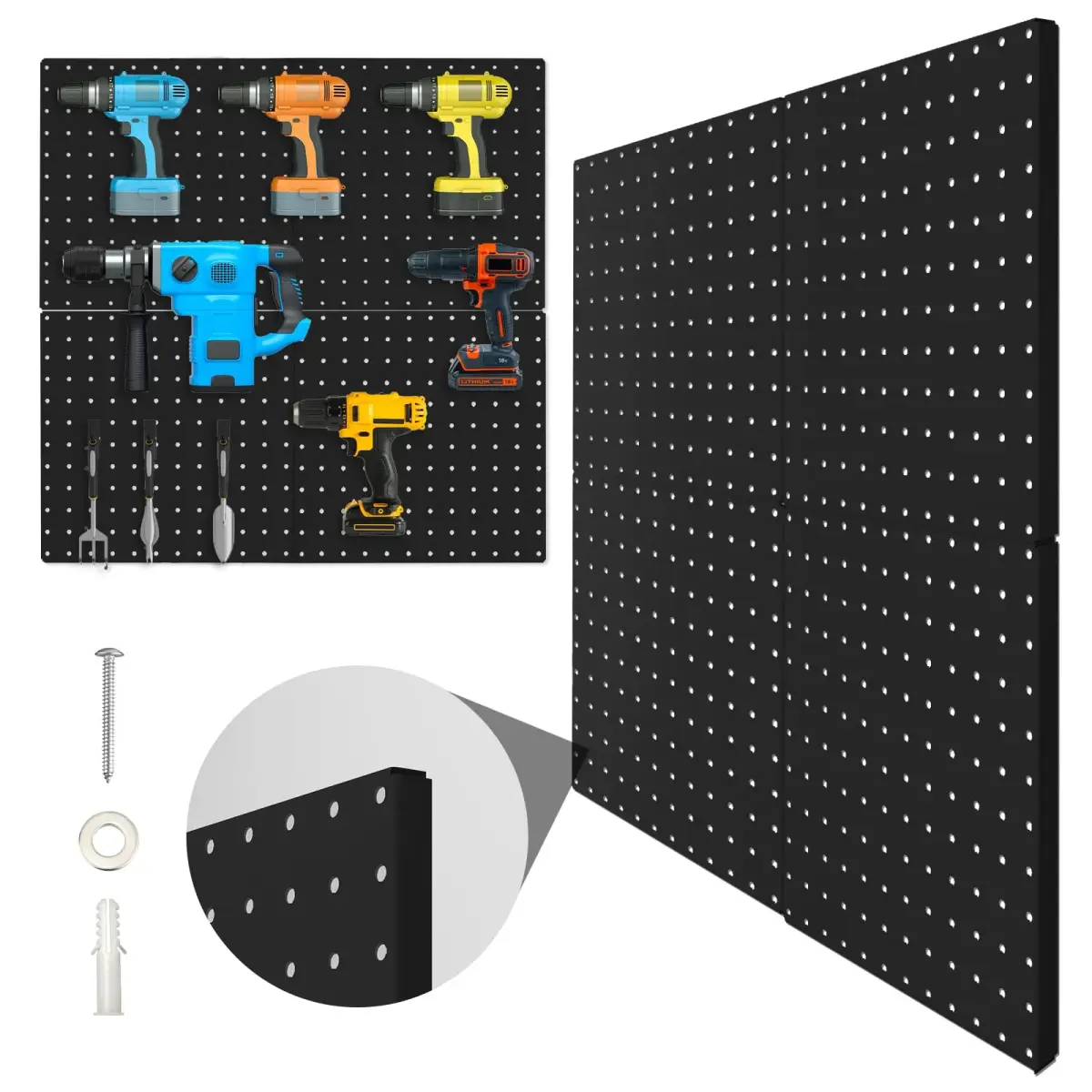 Hogurity Black Metal Pegboard Panels 12x12 Inch (30.5x30.5 cm) - 4 Pack | Heavy Duty Wall Organizer for Garage, Home, Office - main product image