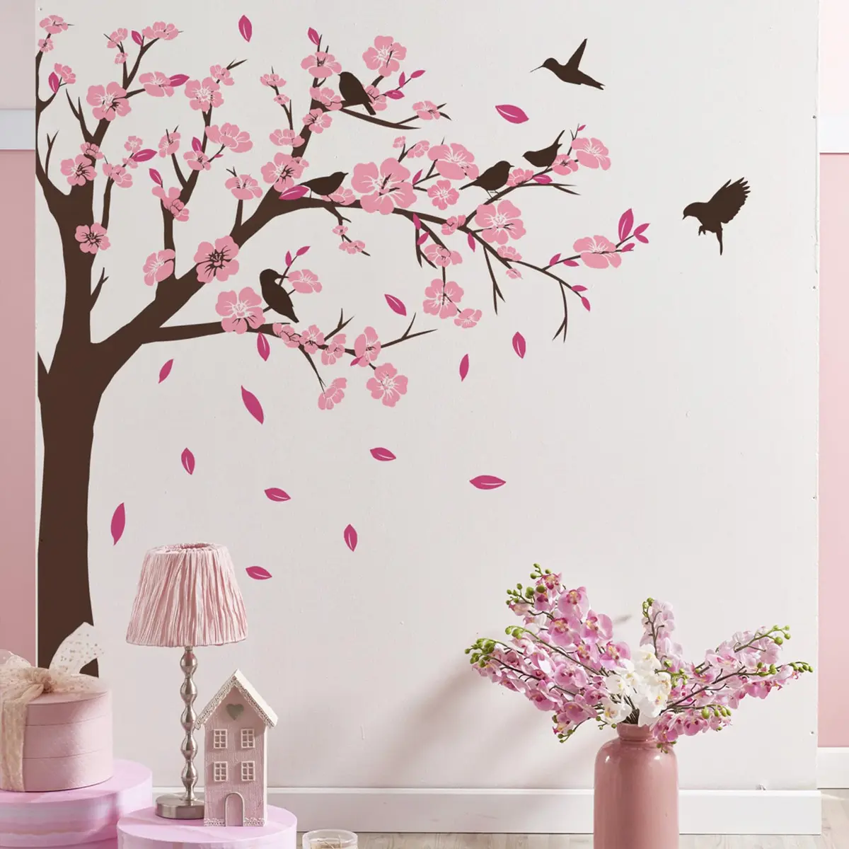 BWCXXZH Pink Flower Tree Wall Stickers | Removable 3D Peach Blossom Murals for Girls Bedroom & Nursery - view 6