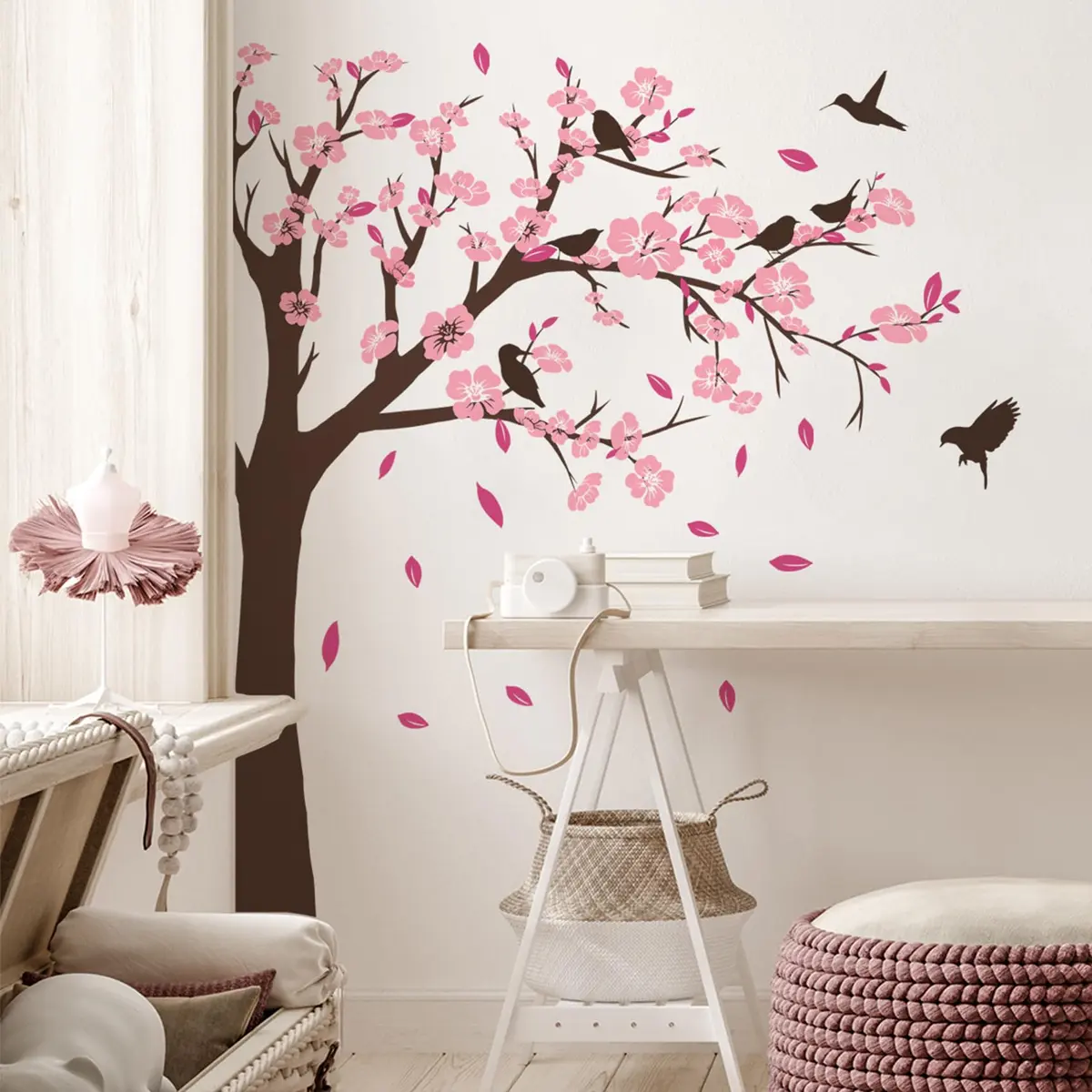 BWCXXZH Pink Flower Tree Wall Stickers | Removable 3D Peach Blossom Murals for Girls Bedroom & Nursery - view 2
