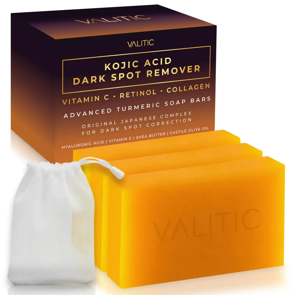 VALITIC Kojic Acid Dark Spot Corrector Soap Bars with Vitamin C, Retinol, Collagen, Turmeric - Original Japanese Complex - Hyaluronic Acid, Vitamin E, Shea Butter, Castile Olive Oil - 3 Pack With Bag | 300g (10.5 oz) | For Face & Body - main product image