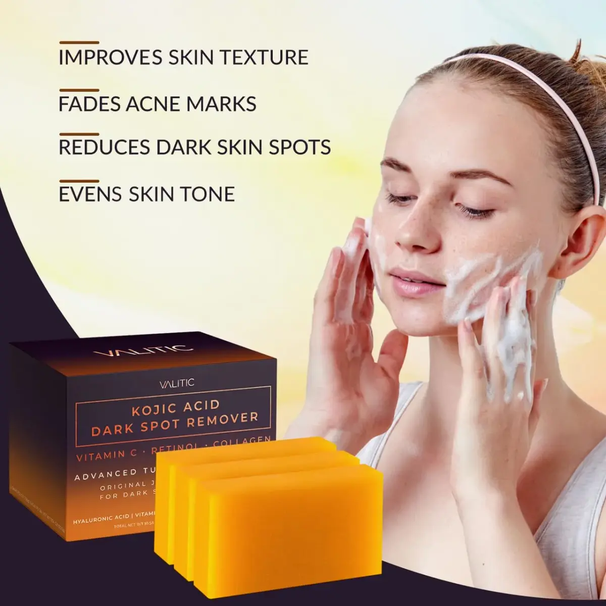 VALITIC Kojic Acid Dark Spot Corrector Soap Bars with Vitamin C, Retinol, Collagen, Turmeric - Original Japanese Complex - Hyaluronic Acid, Vitamin E, Shea Butter, Castile Olive Oil - 3 Pack With Bag | 300g (10.5 oz) | For Face & Body - view 4