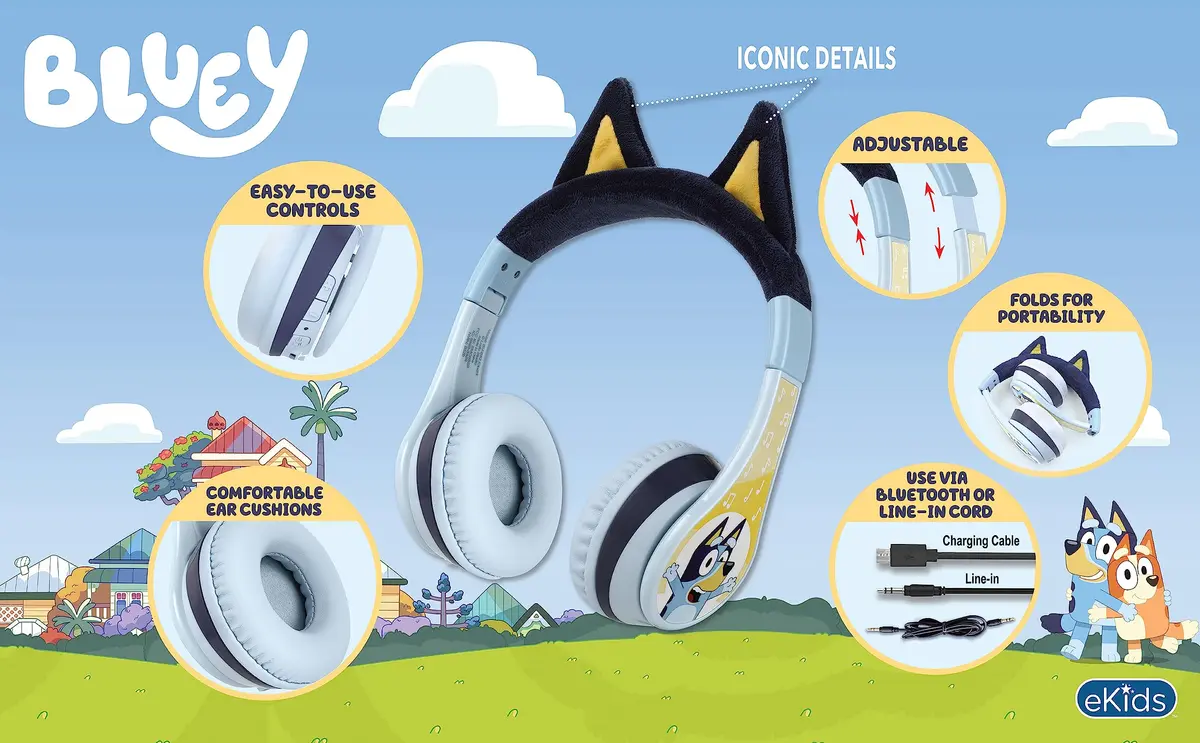 eKids Bluey Bluetooth Headphones for Kids, Volume Reduced Wireless On-Ear Headphones with Microphone | Safe Listening - view 3