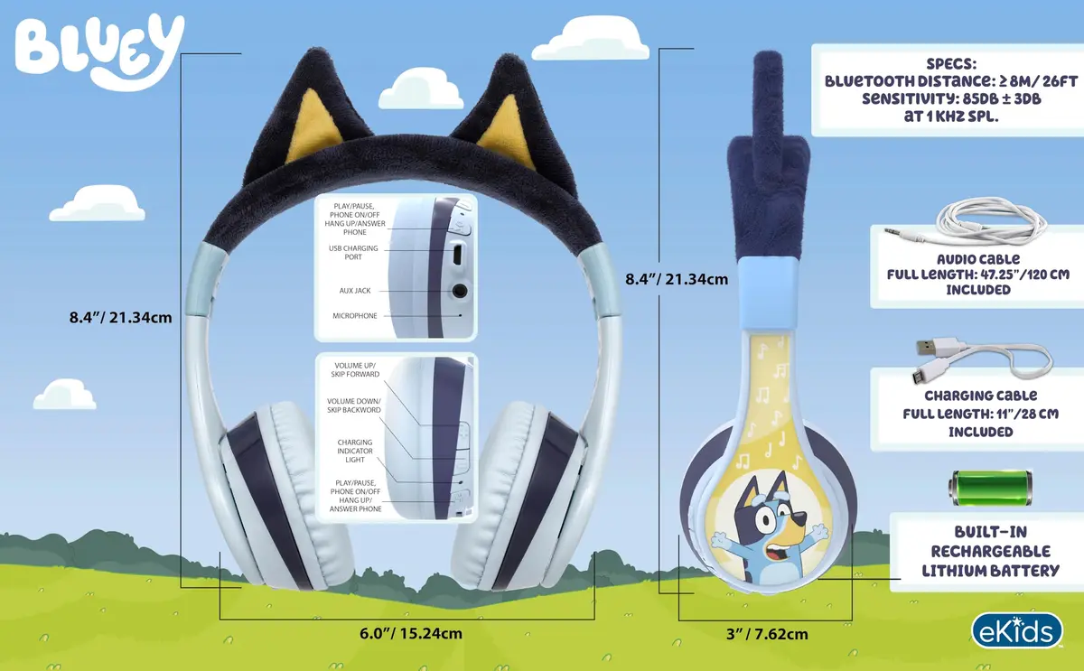 eKids Bluey Bluetooth Headphones for Kids, Volume Reduced Wireless On-Ear Headphones with Microphone | Safe Listening - view 4