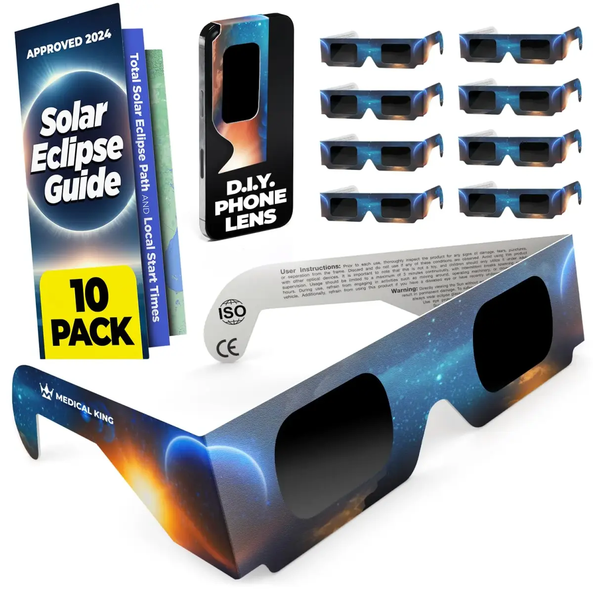 Medical king Solar Eclipse Glasses 10 Pack | ISO 12312-2 & CE Certified for Safe Solar Viewing - main product image
