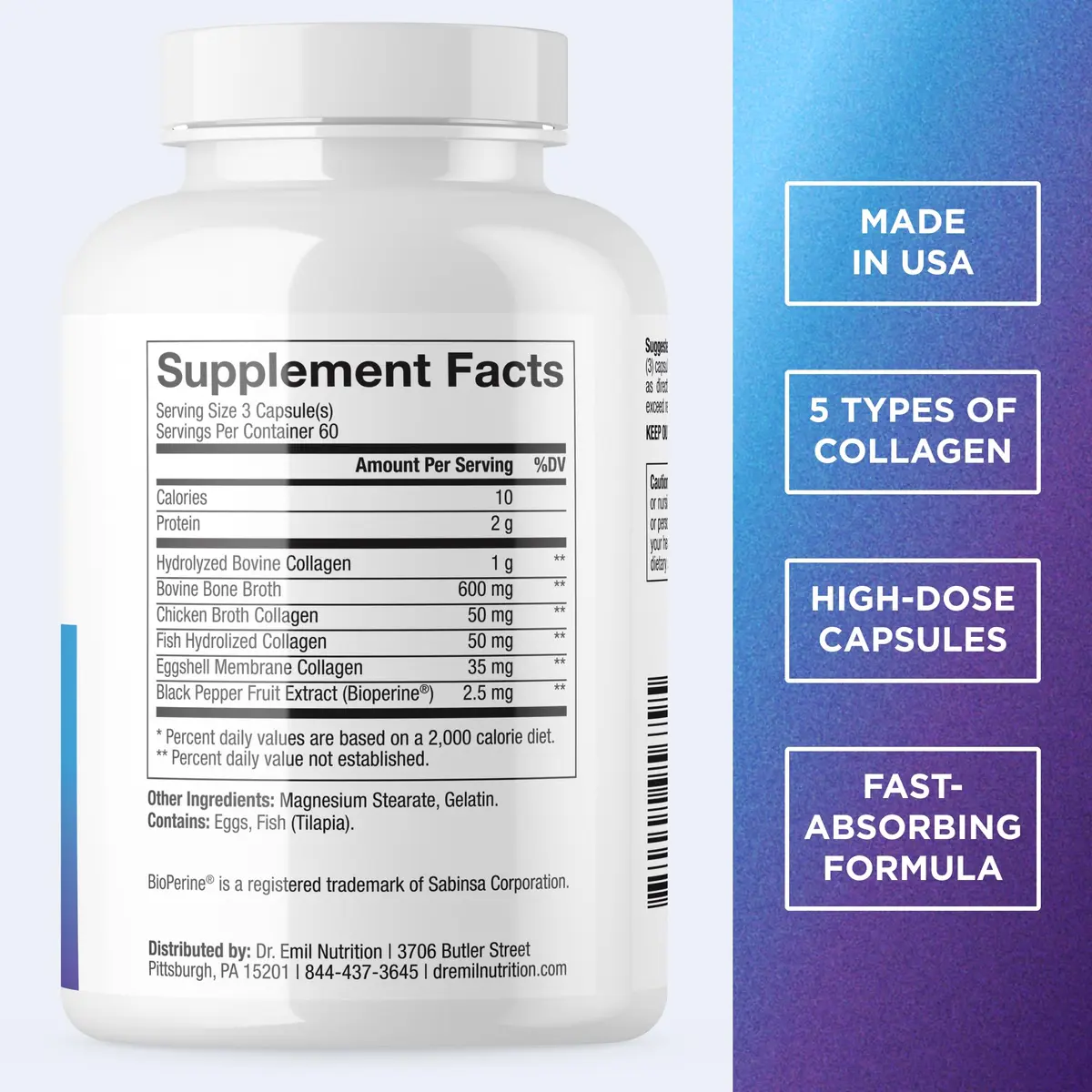 DR. EMIL NUTRITION Multi Hydrolyzed Collagen 180 Capsules | Types I, II, III, V & X for Full-Body Support - view 2