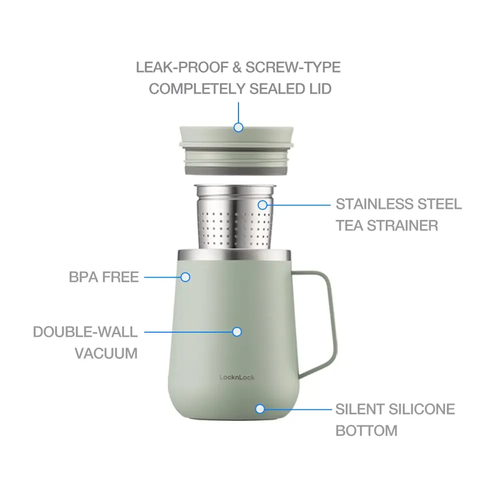 LocknLock Metro Tea Mug Mint 400ml (13oz) | Double Wall Stainless Steel Insulated Tumbler with Tea Infuser - view 3