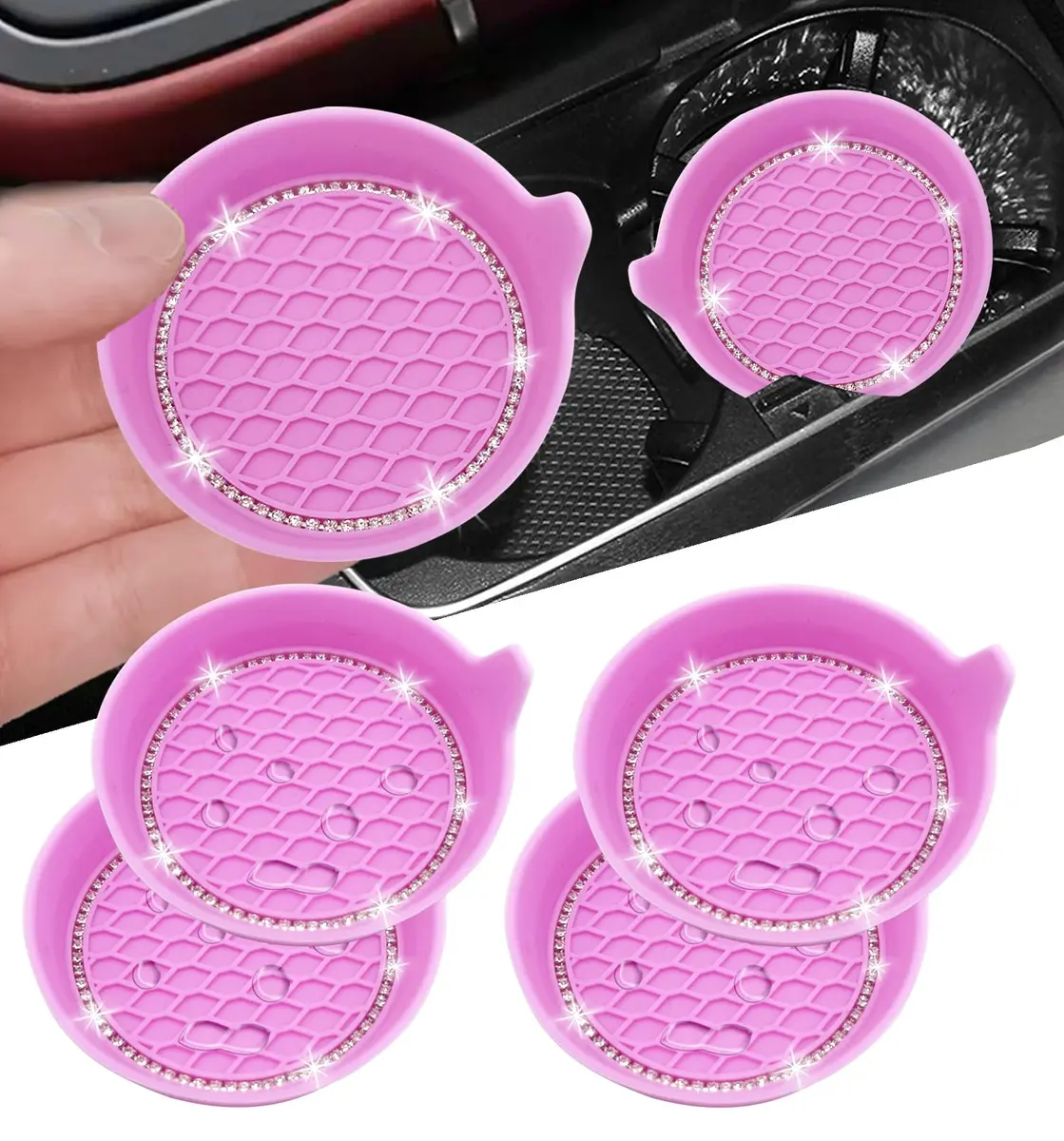 NBTEPEM Bling Car Cup Holder Coasters 4 pcs | Universal Silicone Crystal Rhinestone Automotive Interior Accessories for Women (Pink) - main product image
