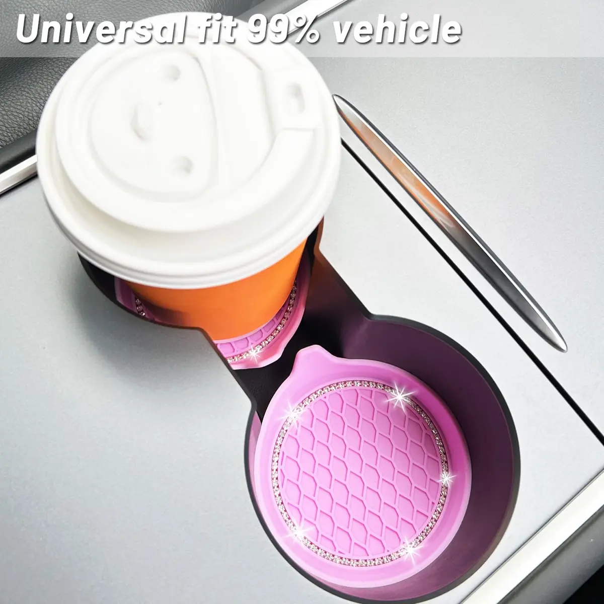 NBTEPEM Bling Car Cup Holder Coasters 4 pcs | Universal Silicone Crystal Rhinestone Automotive Interior Accessories for Women (Pink) - view 3