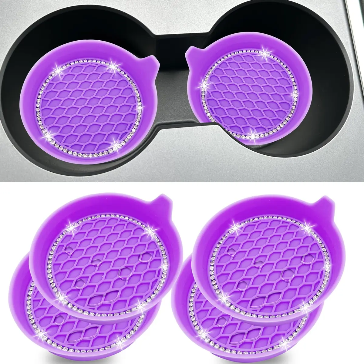 NBTEPEM Bling Car Cup Holder Coasters 2.75 inch (7cm) Purple Set of 4 | Sparkle & Protect Your Car Interior - main product image