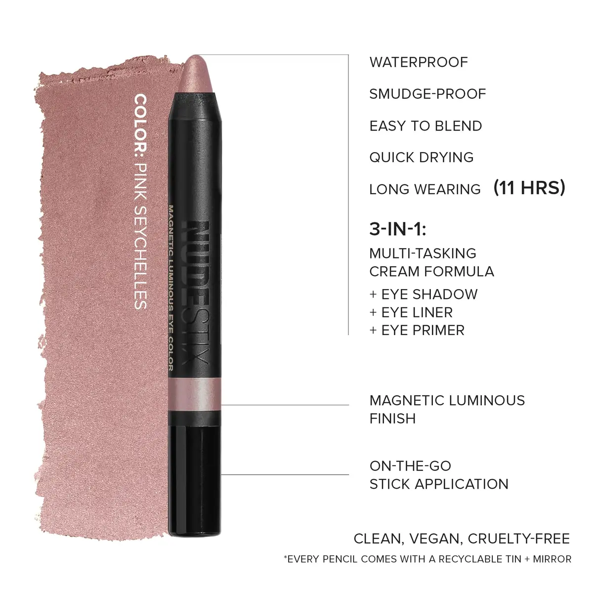 Nudestix Magnetic Luminous Eye Color – 4-in-1 Cream Eyeshadow Stick, Pink Seychelles | Long-Wear, Waterproof Satin Finish - view 3