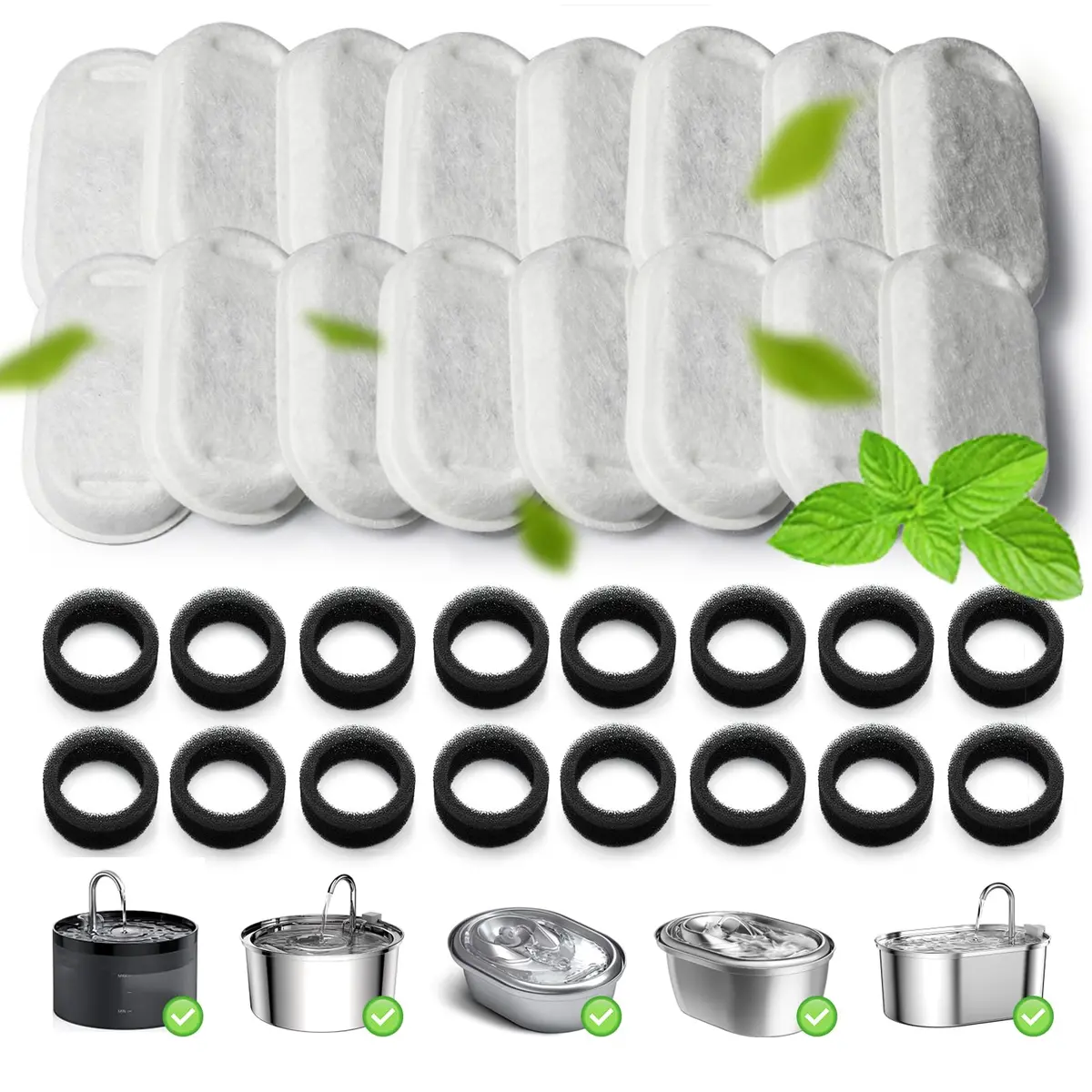 KANCHOU Cat Water Fountain Filter 32Pcs for 101oz/3L Stainless Steel Pet Fountain | 16 Filters + 16 Sponges - main product image