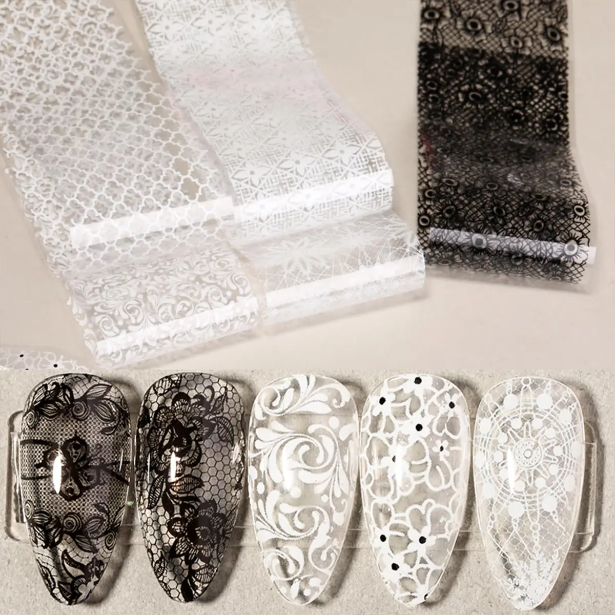 SILPECWEE 20 Rolls Lace Nail Foil White and Black Flower Nail Art Transfer Foils | Holographic Mermaid Designs for DIY Acrylic Nails - view 4