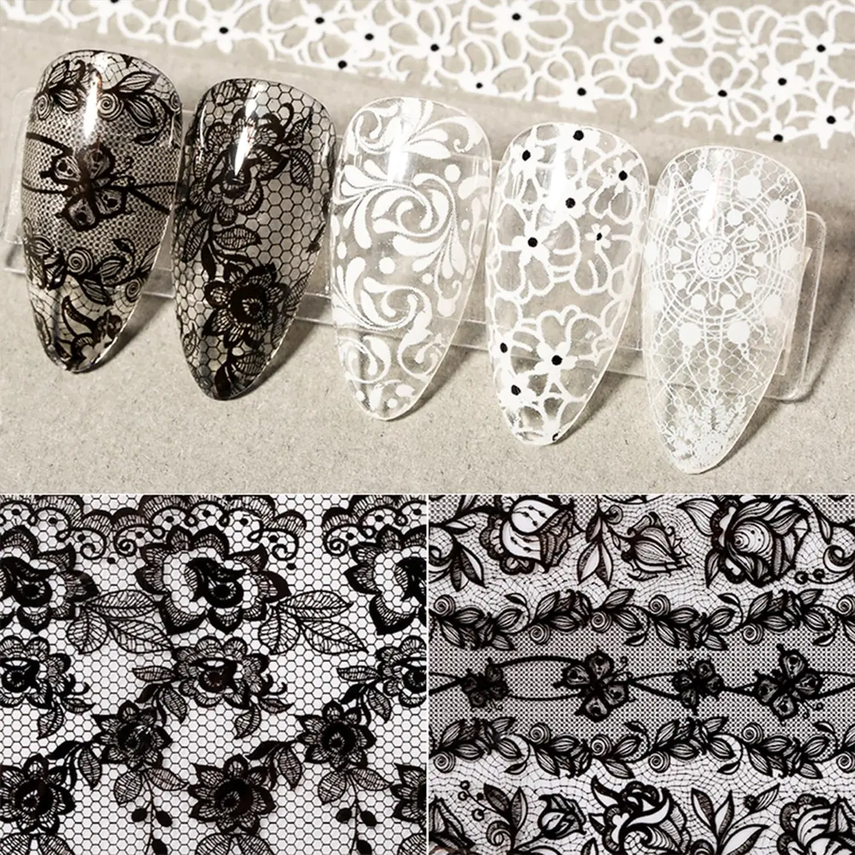 SILPECWEE 20 Rolls Lace Nail Foil White and Black Flower Nail Art Transfer Foils | Holographic Mermaid Designs for DIY Acrylic Nails - view 5
