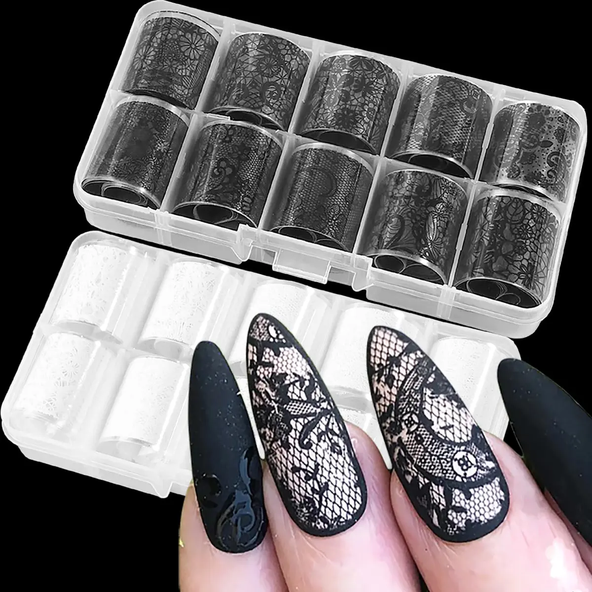 SILPECWEE 20 Rolls Lace Nail Foil White and Black Flower Nail Art Transfer Foils | Holographic Mermaid Designs for DIY Acrylic Nails - main product image
