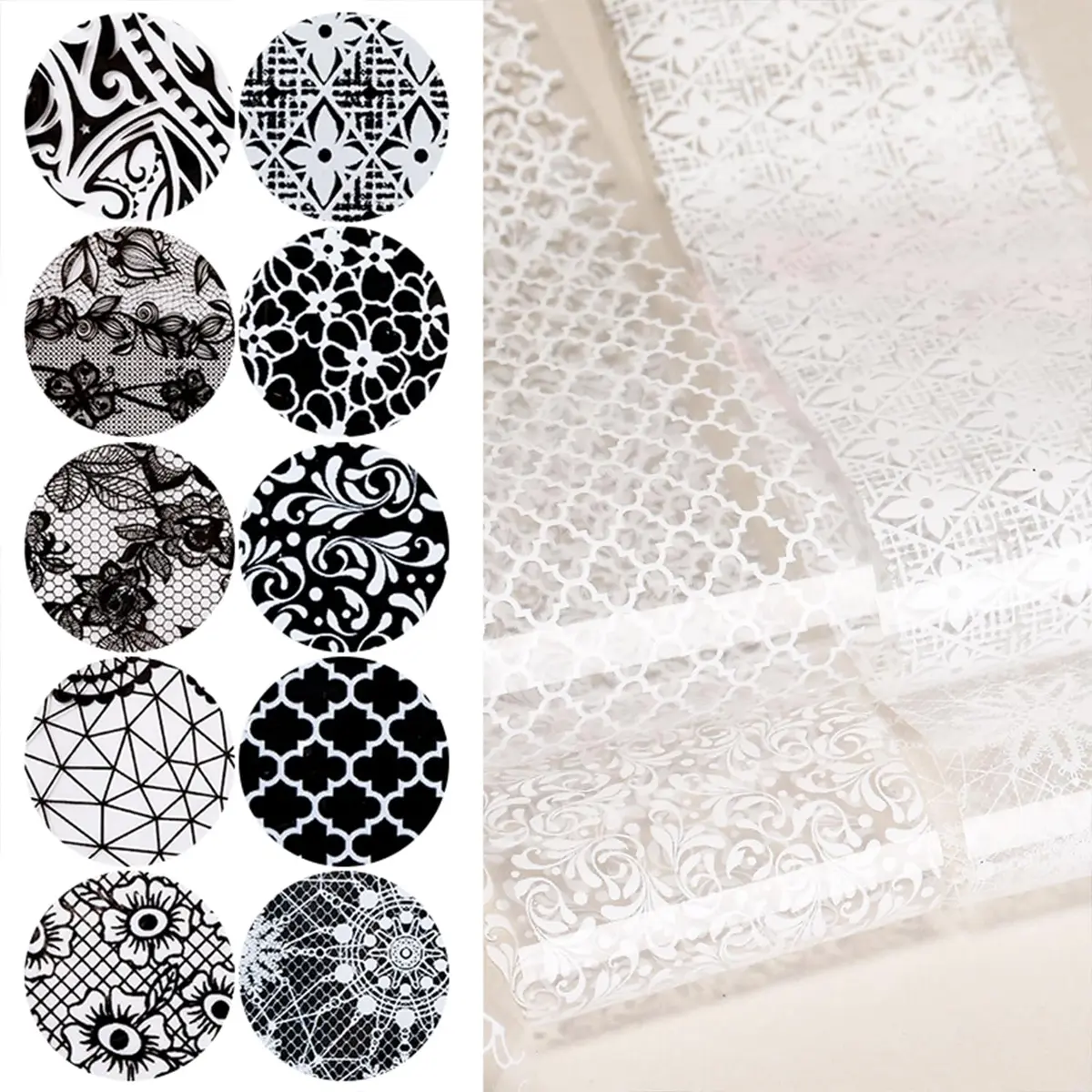 SILPECWEE 20 Rolls Lace Nail Foil White and Black Flower Nail Art Transfer Foils | Holographic Mermaid Designs for DIY Acrylic Nails - view 8