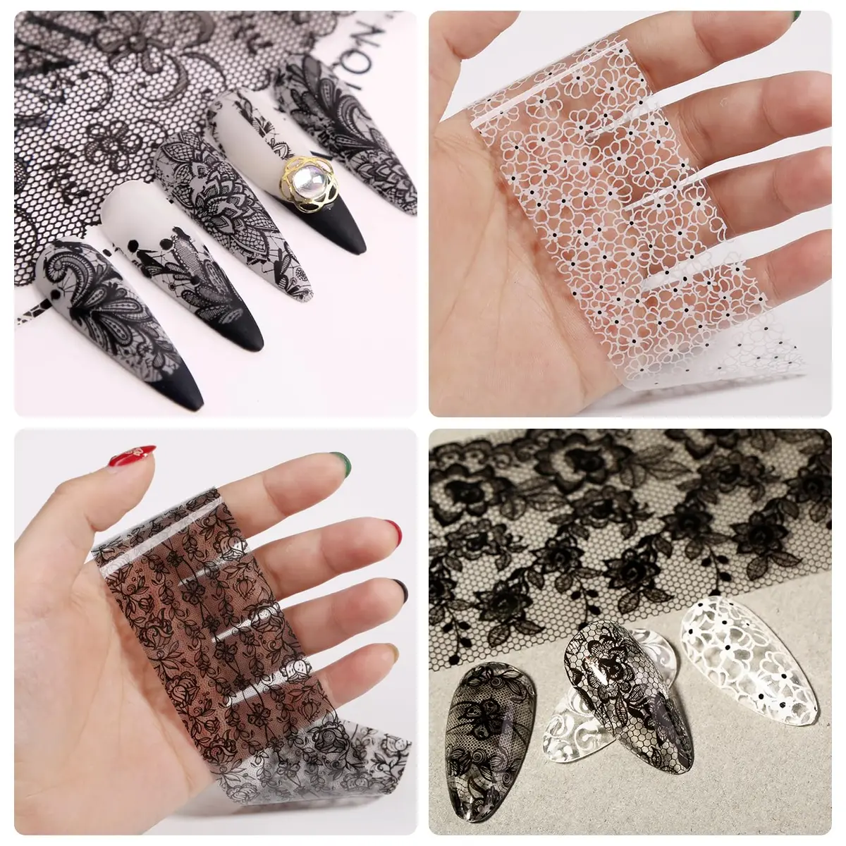 SILPECWEE 20 Rolls Lace Nail Foil White and Black Flower Nail Art Transfer Foils | Holographic Mermaid Designs for DIY Acrylic Nails - view 3