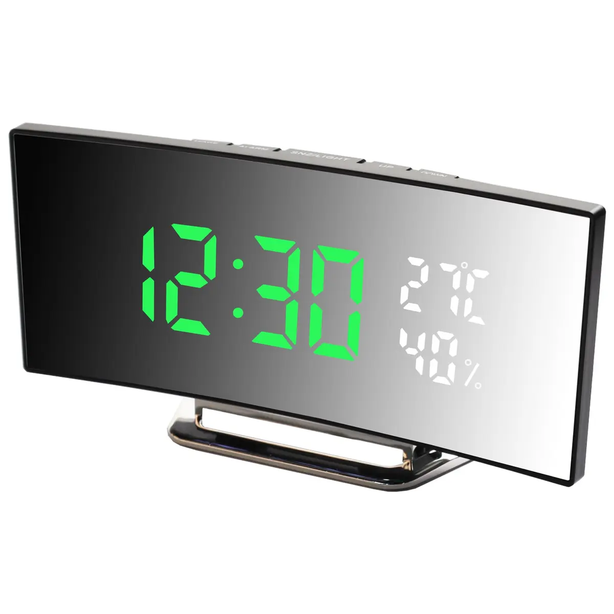 Derkiewn Digital Alarm Clock with Large Mirror LED Display, 3 Brightness Levels, 2 Alarms, Snooze, Temperature & Humidity, USB Power (G&W) - main product image