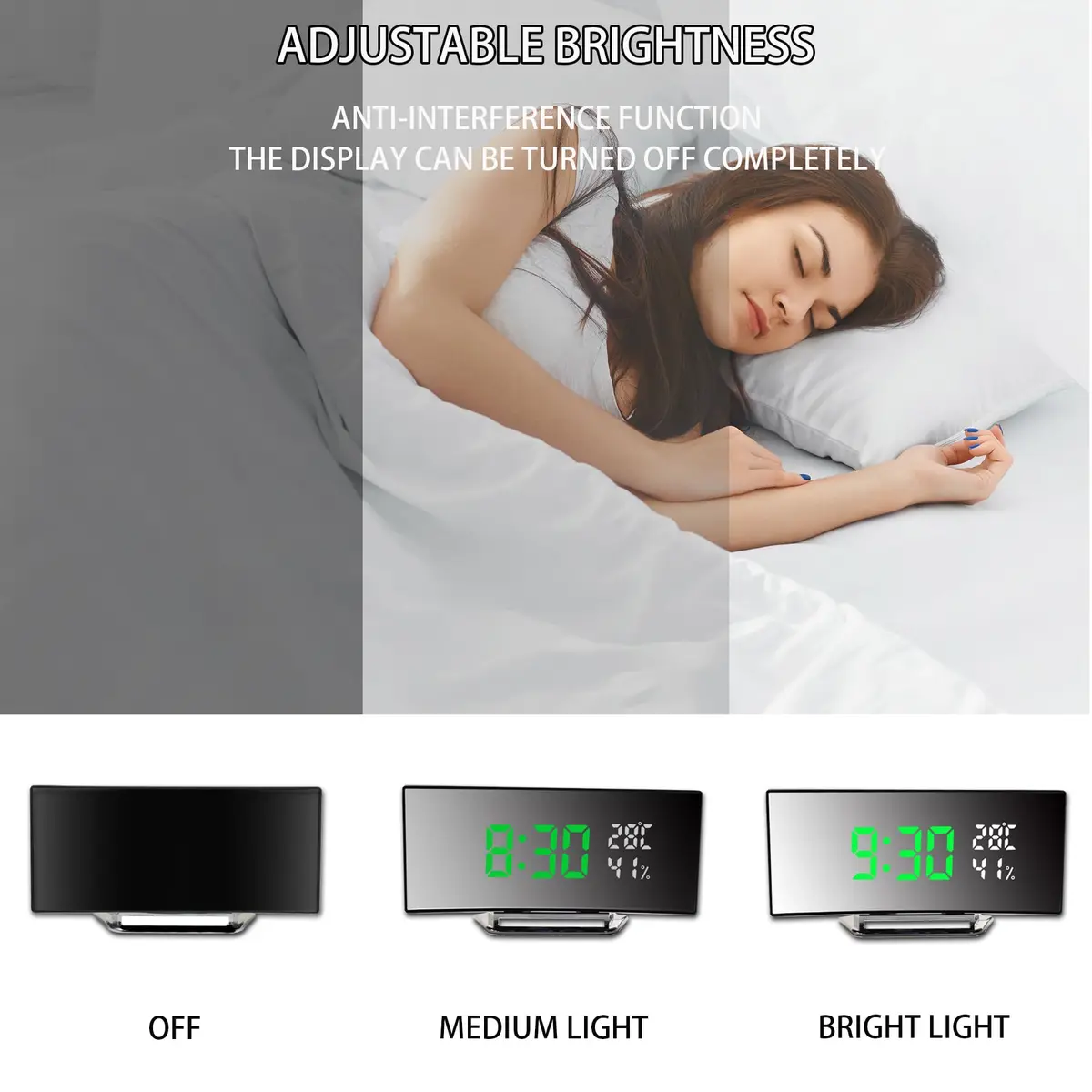 Derkiewn Digital Alarm Clock with Large Mirror LED Display, 3 Brightness Levels, 2 Alarms, Snooze, Temperature & Humidity, USB Power (G&W) - view 2