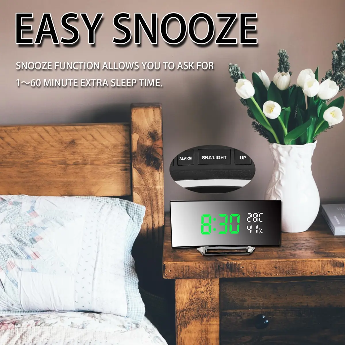 Derkiewn Digital Alarm Clock with Large Mirror LED Display, 3 Brightness Levels, 2 Alarms, Snooze, Temperature & Humidity, USB Power (G&W) - view 4