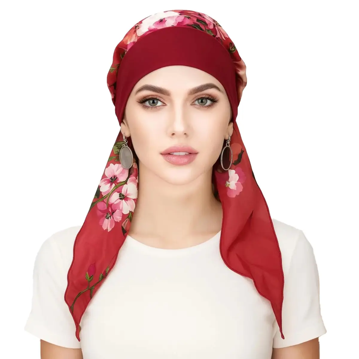 FADACHY Chemo Turban with Head Scarf for Women, Floral Red, One Size (40g) | Comfortable Headwear for Hair Loss - main product image