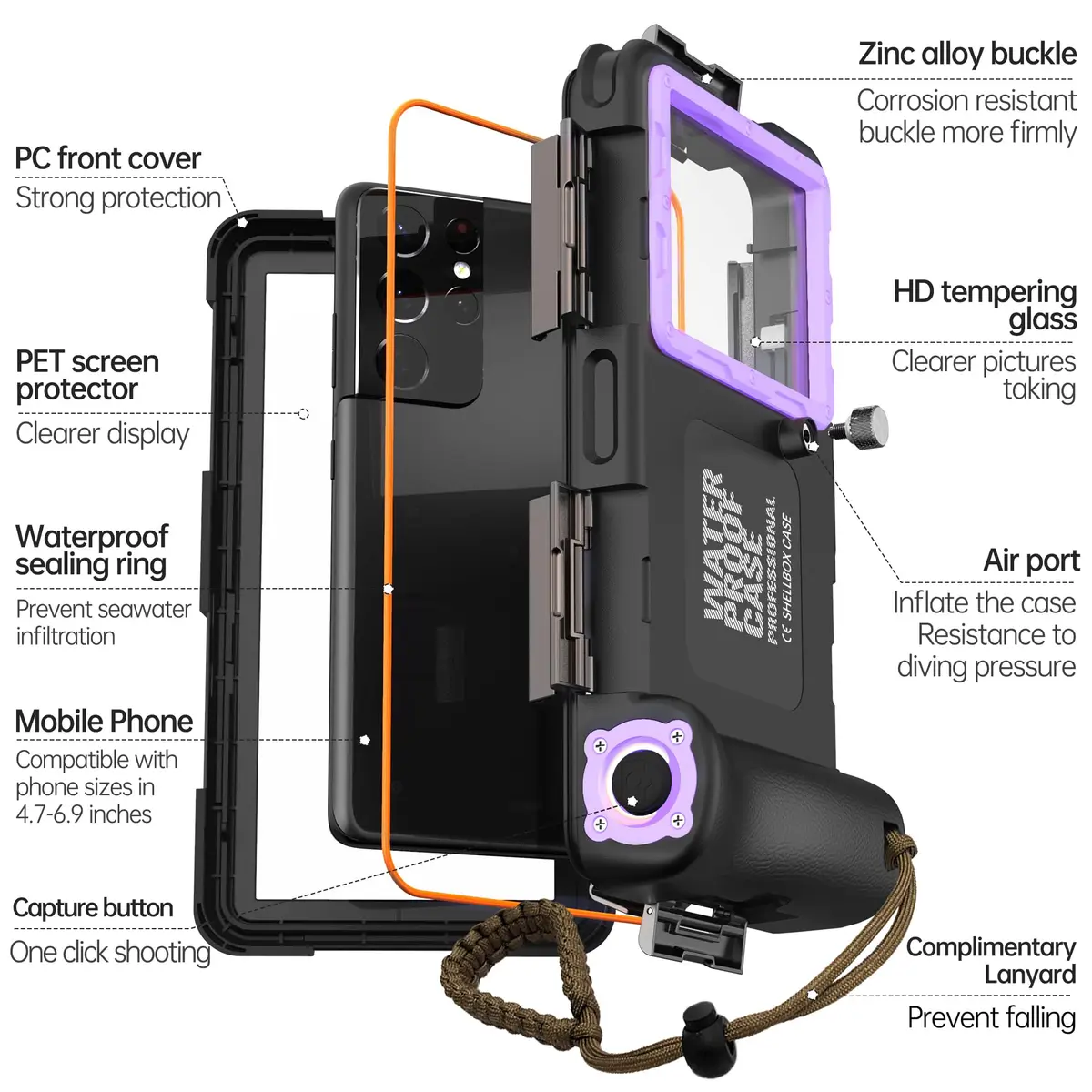 ASKCFENV Universal Diving Phone Case Waterproof IP68 with Lanyard for iPhone Samsung 4.7‑6.9 inch - view 5