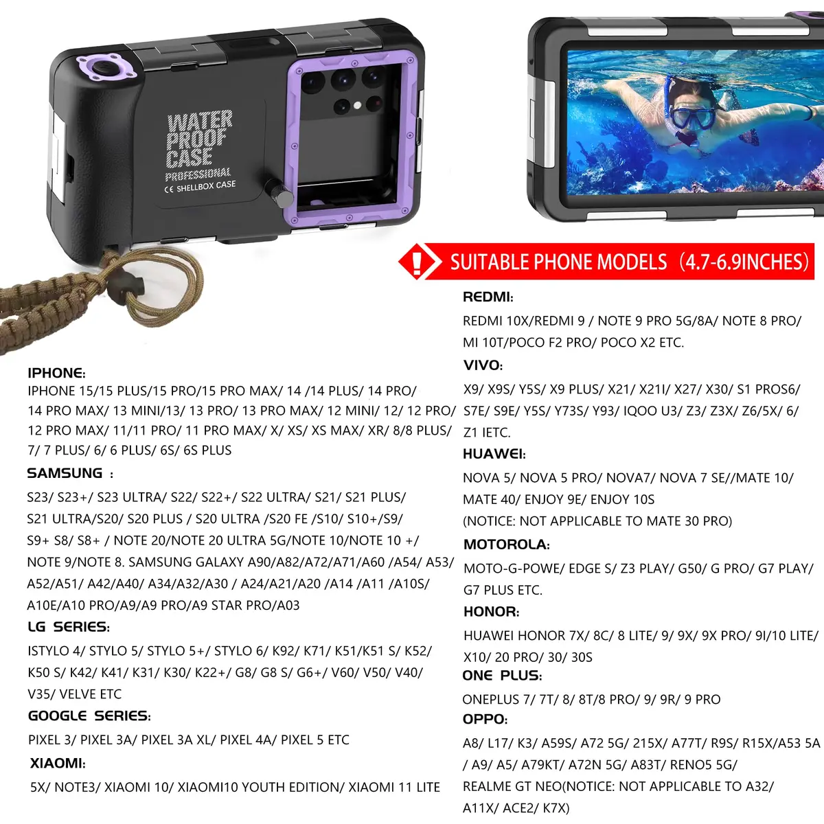 ASKCFENV Universal Diving Phone Case Waterproof IP68 with Lanyard for iPhone Samsung 4.7‑6.9 inch - view 6