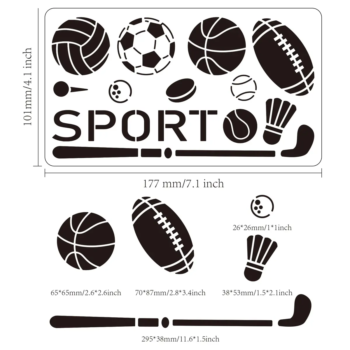 INFUNLY Metal Sport Ball Stencil 4x7 inches (10x18 cm) | Reusable Stainless Steel Sports Stencils for Painting - view 2
