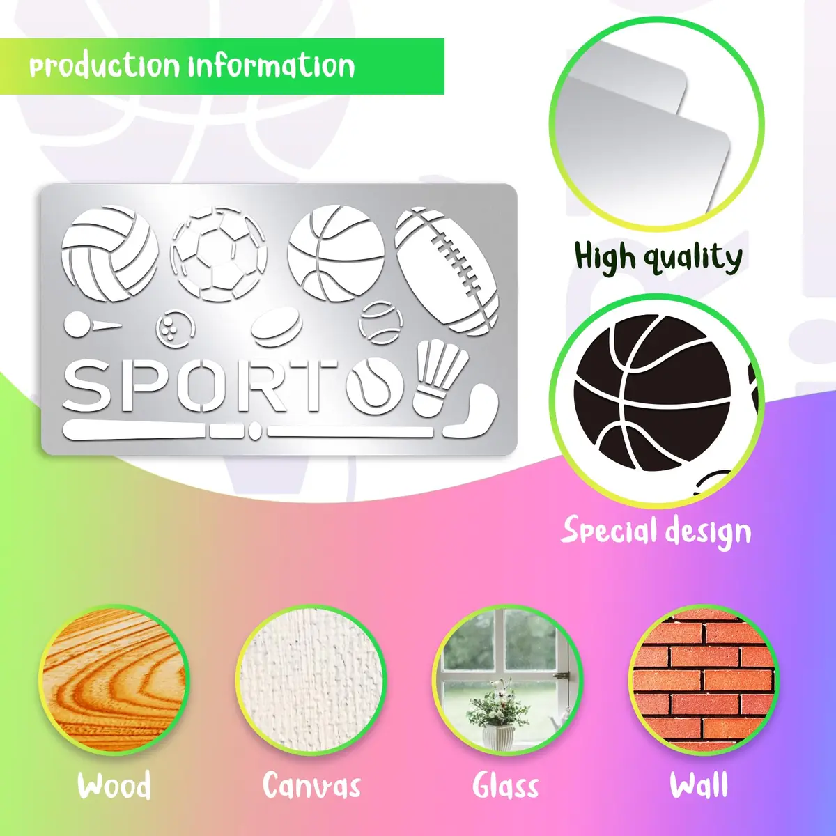 INFUNLY Metal Sport Ball Stencil 4x7 inches (10x18 cm) | Reusable Stainless Steel Sports Stencils for Painting - view 3