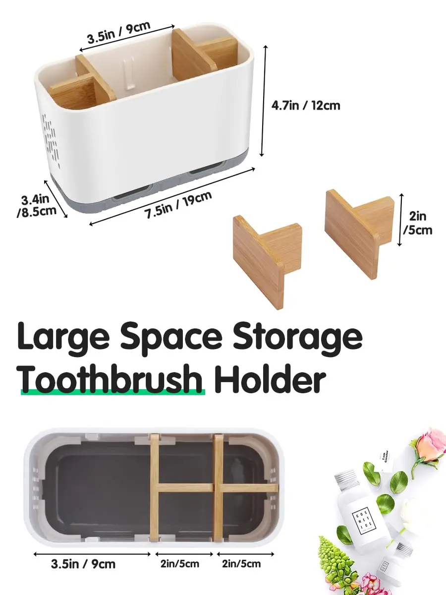 GFWARE Bamboo Divider Toothbrush Holder for Bathrooms | 5 Slots, Detachable, White - view 6