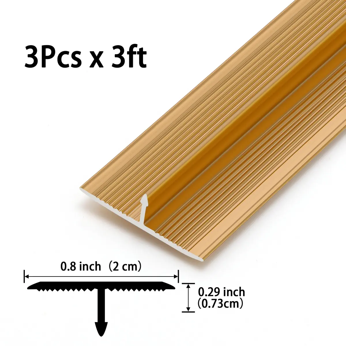 Gaahing Aluminum T Molding Floor Transition Strip 2.9ft (0.9m) x 0.8in (2cm) Matte Gold | 3-Pack for Laminate, Vinyl, Rubber Flooring - view 2