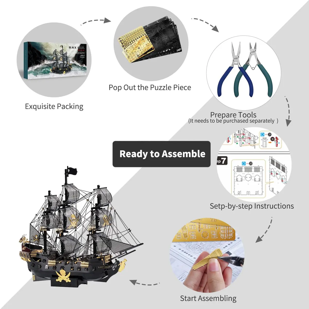 Piececool Art_Craft_Kit 3D Metal Puzzle Ship | Nautical Model for Adults (15x3.7x12cm) - view 2