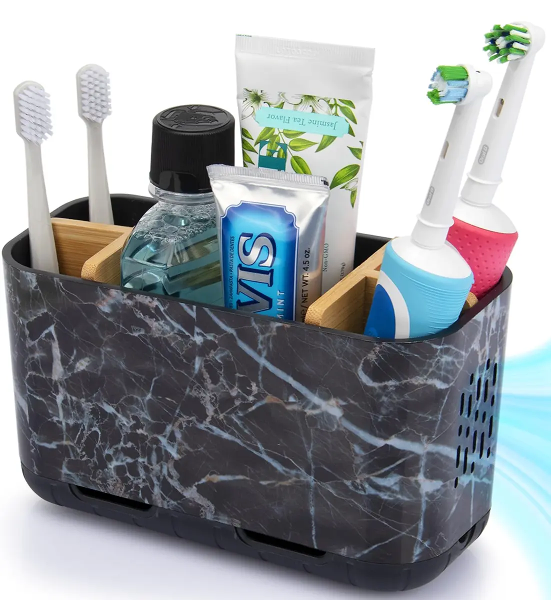 GFWARE Marble Toothbrush Holder with 5 Slots & Drainage, Large Countertop Organizer | Bathroom & Vanity Stand - main product image