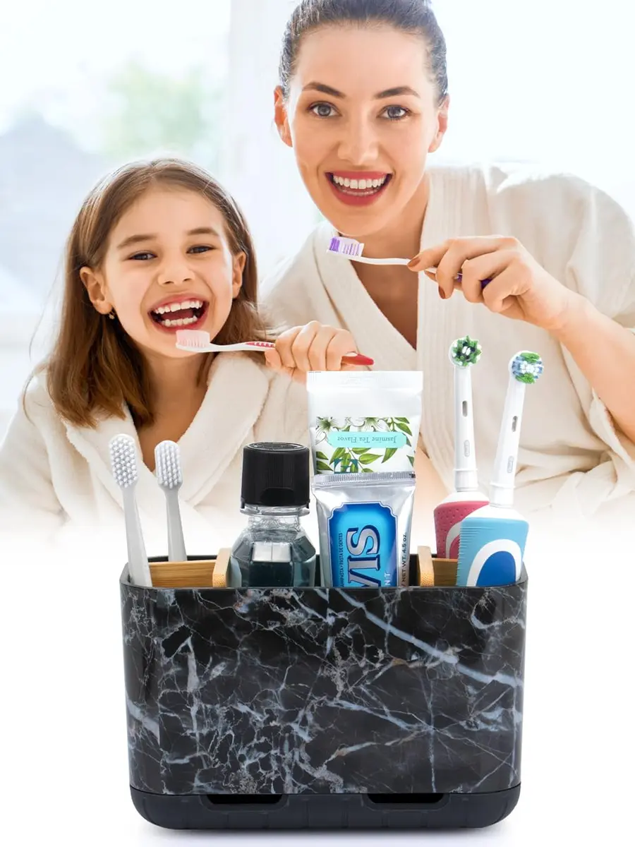 GFWARE Marble Toothbrush Holder with 5 Slots & Drainage, Large Countertop Organizer | Bathroom & Vanity Stand - view 3