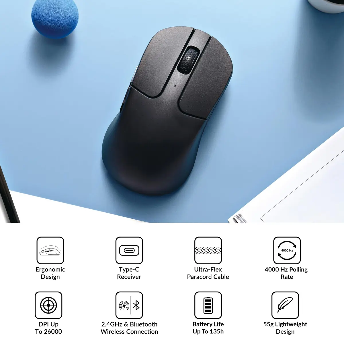 Keychron M3 Mini 4K Wireless Bluetooth 5.1/2.4 GHz/Wired Optical Mouse | Ultra-Lightweight 55g, 26,000 DPI, Programmable - view 2