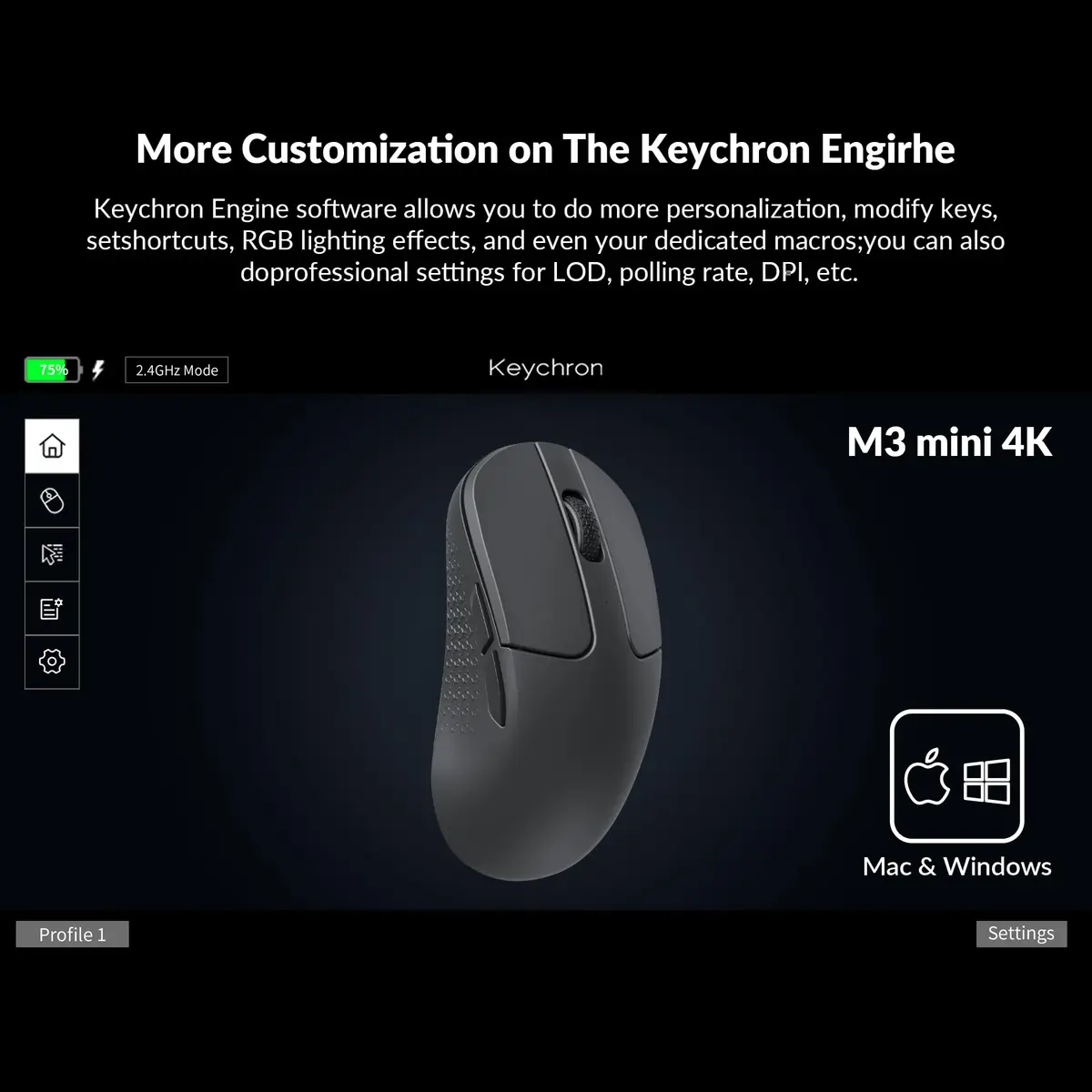 Keychron M3 Mini 4K Wireless Bluetooth 5.1/2.4 GHz/Wired Optical Mouse | Ultra-Lightweight 55g, 26,000 DPI, Programmable - view 3