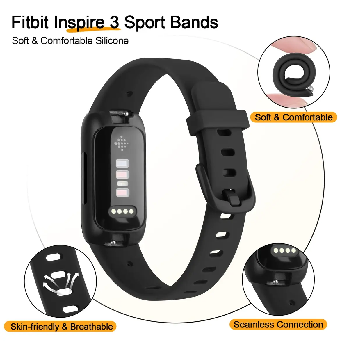 Meliya Fitbit Inspire 3 Bands Women Men | Soft Silicone Sport Strap, Adjustable, Black - view 3