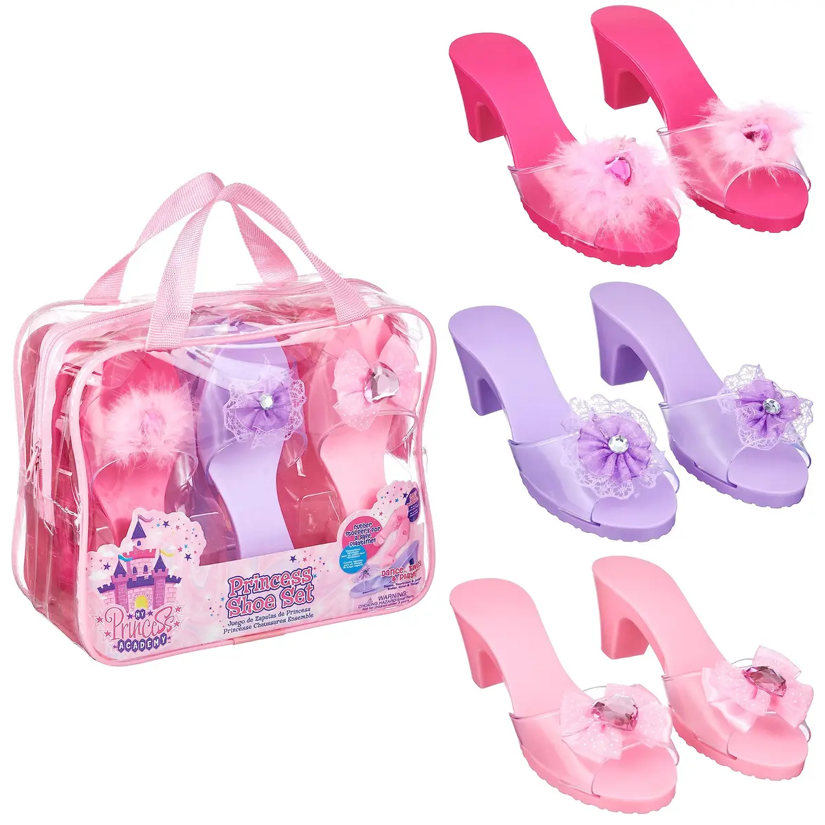 PRINCESS EXPRESSIONS 3pc Pastel Princess Dress Up Shoe Set | Toddler Girl Slip-On Shoes with 2-inch Heel, Assorted Pink & Purple, Fits Shoe Size 7-10 - main product image