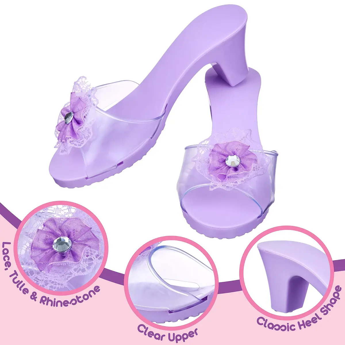 PRINCESS EXPRESSIONS 3pc Pastel Princess Dress Up Shoe Set | Toddler Girl Slip-On Shoes with 2-inch Heel, Assorted Pink & Purple, Fits Shoe Size 7-10 - view 5