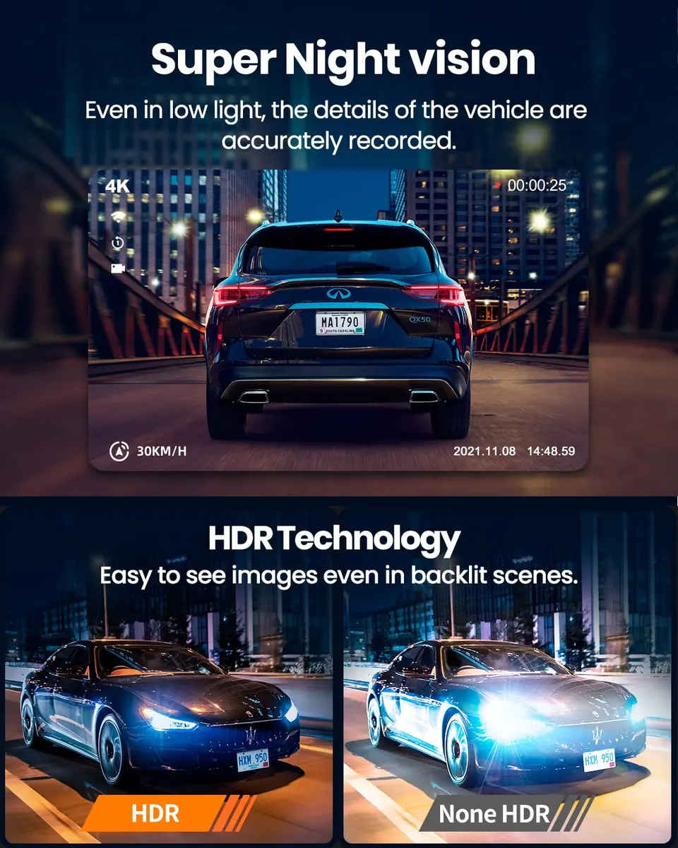 YEECORE 4K Dash Cam Front and Rear, Built-in WiFi GPS, 3" IPS Screen | Ultra HD 4K+1080P Dual Dash Cam with Night Vision - view 3